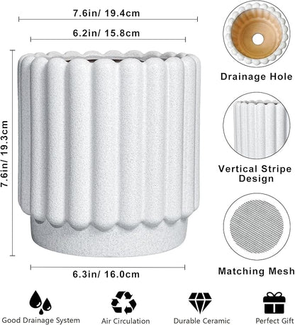 Ceramicfor Ceramic Planter, 7.6 Inch, White | Indoor Plants, Outdoor Use, Drainage Hole, Fluted Modern Design, Round Flower Pot