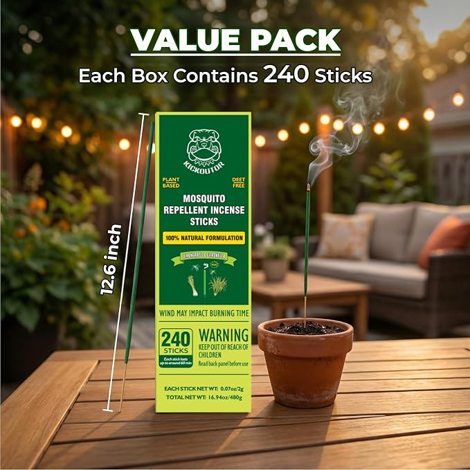 KICKOUTOR Mosquito Repellent Incense Sticks with Natural Citronella Oil, 240 Count DEET-Free Outdoor Protection for Patios, Backyard Gatherings & Camping, Up to 1 Hour Against Gnats & No-See-Ums