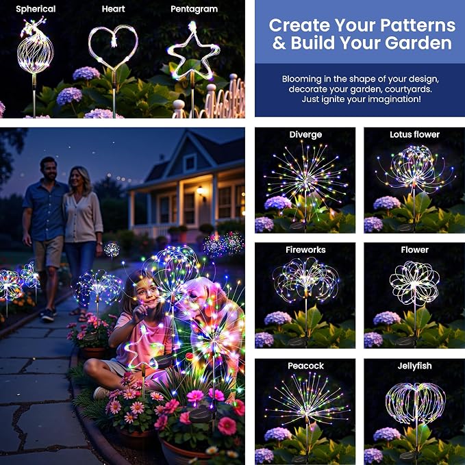 Solar Lights Outdoor, 120LED 4pack Fairy Garden Lights Decor for Outside Fireworks Lights Solar Powered for Yard, Patio, Pathway, Walkway, Balcony,Multicolor