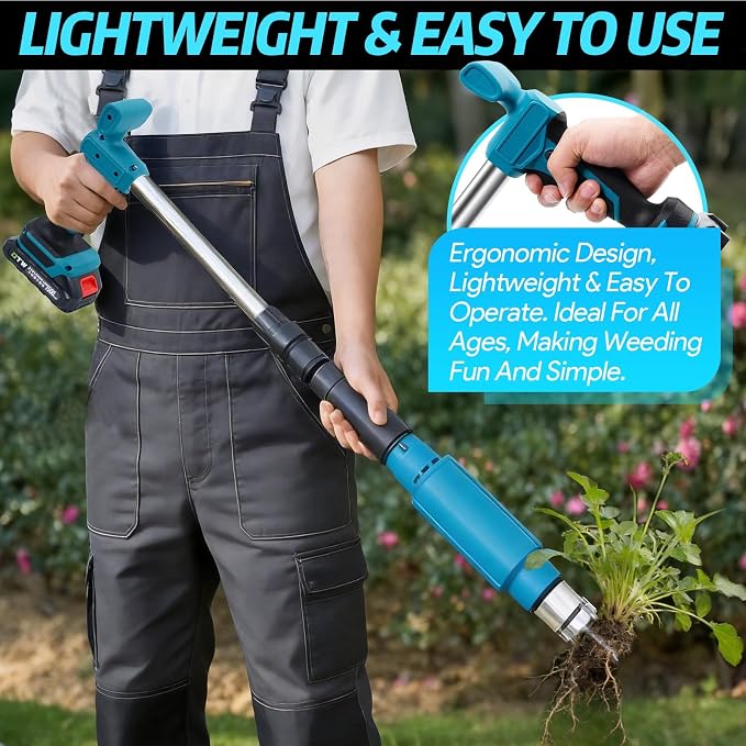 Electric Stand Up Weed Puller Tool, 21V Battery Powered w/2pcs 1500mAh with 1500 RPM High-Torque Motor, Heavy Duty Battery Powered Garden Weeder 3-Claw Steel Head for Dandelion Lawn Garden Yard, Blue