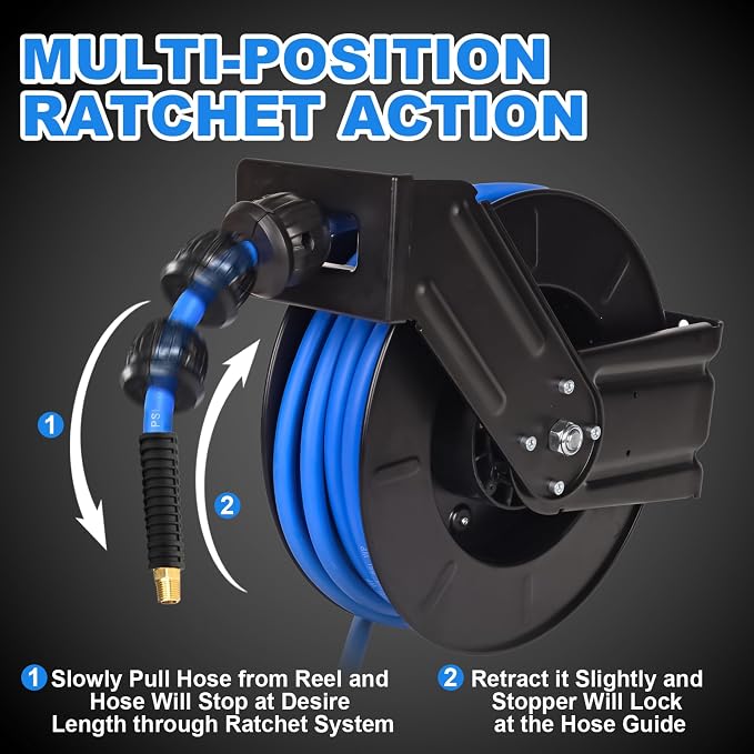 Retractable Air Hose Reel With 3/8" Inch x 50' Ft, Heavy Duty Steel Hose Reel Auto Rewind Pneumatic,Industrial Grade Rubber Hose,Black