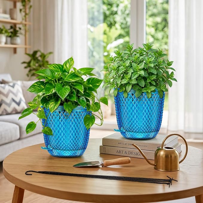 QCQHDU 7.2 Inch 2 Pack Hanging Planters for Indoor Outdoor Plants,Self Watering Flower Pots Hanging Basket,Plastic Plant Hanger with Drainage Holes and 3 Hooks for Window Porch Garden Balcony, (Blue)