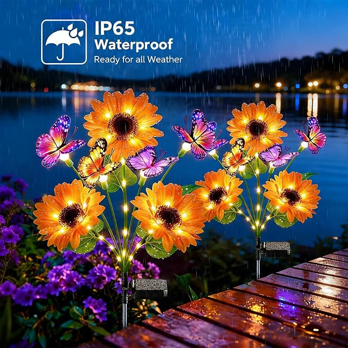 Solar Lights Outdoor Decorative, Upgraded 4 Pack Flowers with 16 Butterflies, Brighter Waterproof Garden Decor for Yard Lawn Pathway, Mom Women Grandma Gift