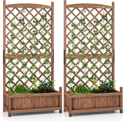 HAPPYGRILL Raised Garden Bed with Trellis, Large Planting Box w/Drainage Holes, 60” Wooden Garden Planter w/Diamond Lattice Trellis for Climbing Plants, Outdoor Planter Box for Patio (2, Coffee)