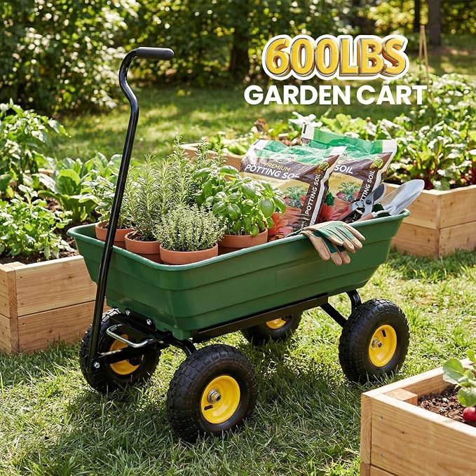 Heavy Duty Garden Dump Cart - 600lbs Load Capacity, 10" All-Terrain Wheels, Quick-Release System, Durable Poly Bed, 180° Rotating Handle, Yard Cart for Landscaping, Farm, and Outdoor Work