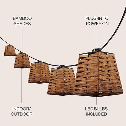 JONATHAN Y 10' Brown 10-Light Bamboo Square String Lights, Classic Vintage Indoor/Outdoor Geometric Lanterns for Patio Deck Porch, Coastal Farmhouse, LED Bulbs Included JYL8707A
