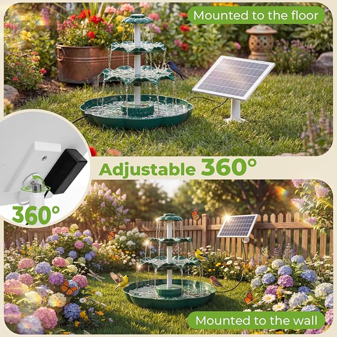 AISITIN 6.5W Solar Bird Bath Fountain, 3-Tiered Waterfall, DIY Detachable Solar Fountain Pump & Adjustable Panel, Lightweight Resin Plastic for Garden, Outdoor Bird Feeder, Pond Decor