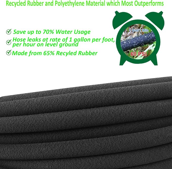 STYDDI Soaker Hose, 1/2" x 100 FT Round Rubber Garden Soaker Hose, Heavy Duty Water Seeper Soaker Hoses for Foundation Watering, Garden Beds, Garden, Lawn and Plants