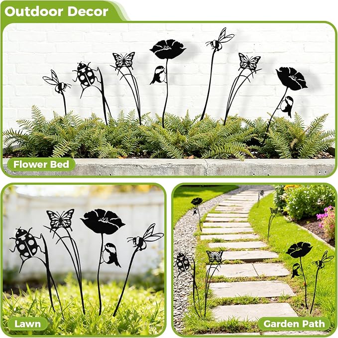 4-Pack Metal Yard Stakes for Outdoor, Black Bird Bee Butterfly Ladybug Set | Rust-Resistant Metal, Black Silhouette, Cute Insect Shapes, For Yard Flower Bed Planters Patio Lawn, Outdoor & Indoor Decor