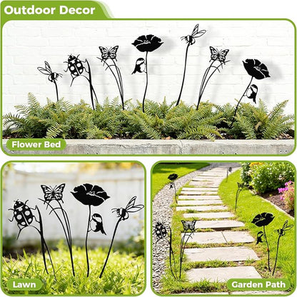 4-Pack Metal Yard Stakes for Outdoor, Black Bird Bee Butterfly Ladybug Set | Rust-Resistant Metal, Black Silhouette, Cute Insect Shapes, For Yard Flower Bed Planters Patio Lawn, Outdoor & Indoor Decor