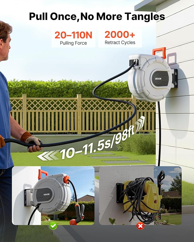 VEVOR Retractable Garden Hose Reel, 1/2 in x 50 ft, Wall Mounted Hose Reel with 9-Function Sprayer Nozzle and 180° Swivel Bracket, Any Length Lock, Automatic Slow Rewind System, for Garden Watering