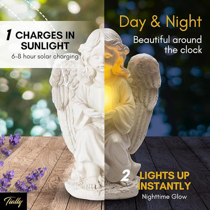TIALLY Solar Angel Garden Statue with Glowing Candle – Large Angel Figurines with Soft Glow, Weatherproof Outdoor Statues for Memorial Decor, Yard, Lawn or Cemetery Use, Angels Gifts for Women