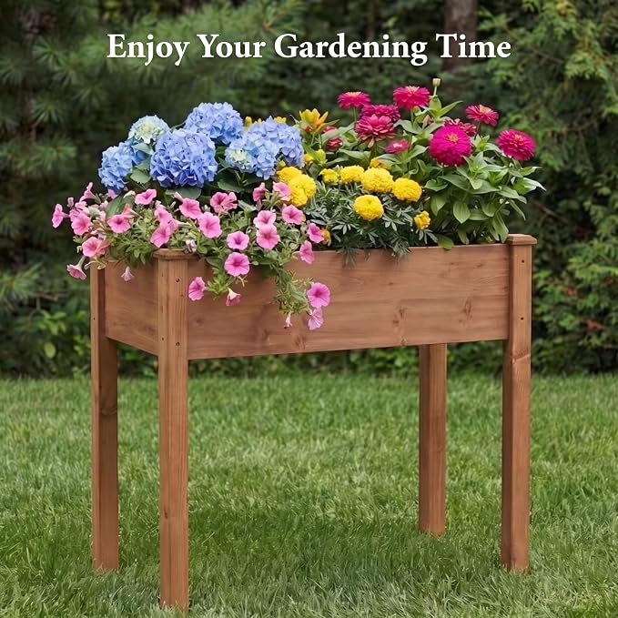 Raised Garden Bed Outdoor Planter Box with Legs - 34x18x30 Inch Cedar Wooden Elevated Planter Box with Non-Woven Liner & Drainage Holes for Vegetables Flowers Herbs (Brown, 34 x 18 x 30)