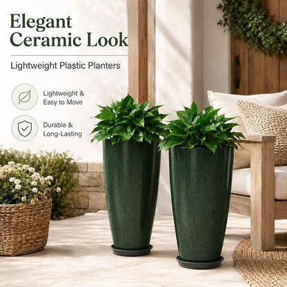 Neoaider Set of 2 Tall Planter, 21 inch Large Plastic Planter, Dark Green | Ceramic-Look, Lightweight, Built-in Drain Hole, Saucers, Tall Outdoor Planter for Porch, Garden, Patio, Balcony