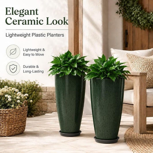 Neoaider Set of 2 Tall Planter, 21 inch Large Plastic Planter, Dark Green | Ceramic-Look, Lightweight, Built-in Drain Hole, Saucers, Tall Outdoor Planter for Porch, Garden, Patio, Balcony