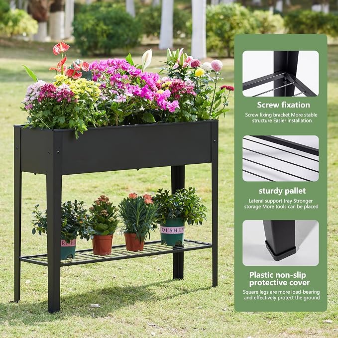 Raised Garden Bed, Elevated Planter Black Metal Plant Box with Legs Standing Garden Stand Drainage Holes Black