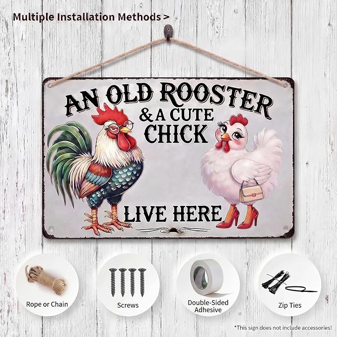 Chicken Lover Gift Idea - Humorous Metal Coop Sign, Farm Animal Tin Art for Home, Kitchen, Garden, 8x12 Inch Vintage Style Decorative Plaque with Holes