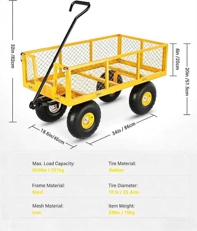GarveeLife Heavy Duty Steel Garden Cart 500 LBS Capacity 3 in 1 Pullable Garden Wagon with 10 in Wheels for Gardening Soil, Tools, and Plant Transport