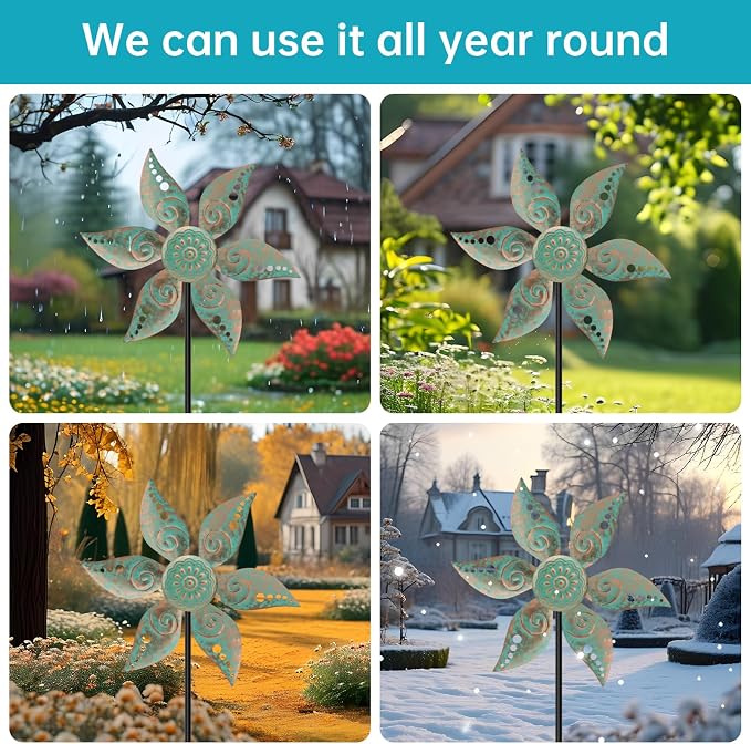 2 Pack Wind Spinners Outdoor Metal Vintage Green, Waterproof Wind Sculptures Garden Pinwheels & Decorative Stakes, Small Windmills for Yard Lawn Patio Outdoor Garden Decor (Type 35)