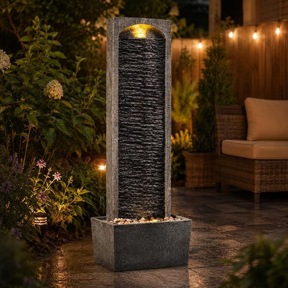 Teamson Home 38.5" Faux Slate Contemporary Outdoor LED Waterfall Fountain with Pebble Base, Gray/Black | Contemporary, Pebble Base