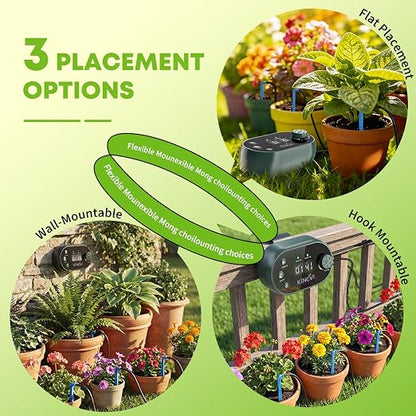 Solar Drip Irrigation System Kit, Auto Watering Kit for 15 Pots, 3W Solar Powered Auto Easy DIY Watering Device,22 Timing Modes with with Anti-Siphoning Device & Buckets and Flower Pots