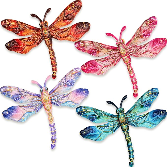 SUNREEK Metal Dragonfly Wall Decor - 9.6" Outdoor Fence Wall Art, Hanging Decorations for Garden Yard Patio Room Decorations, 4 Pack (Color-2)