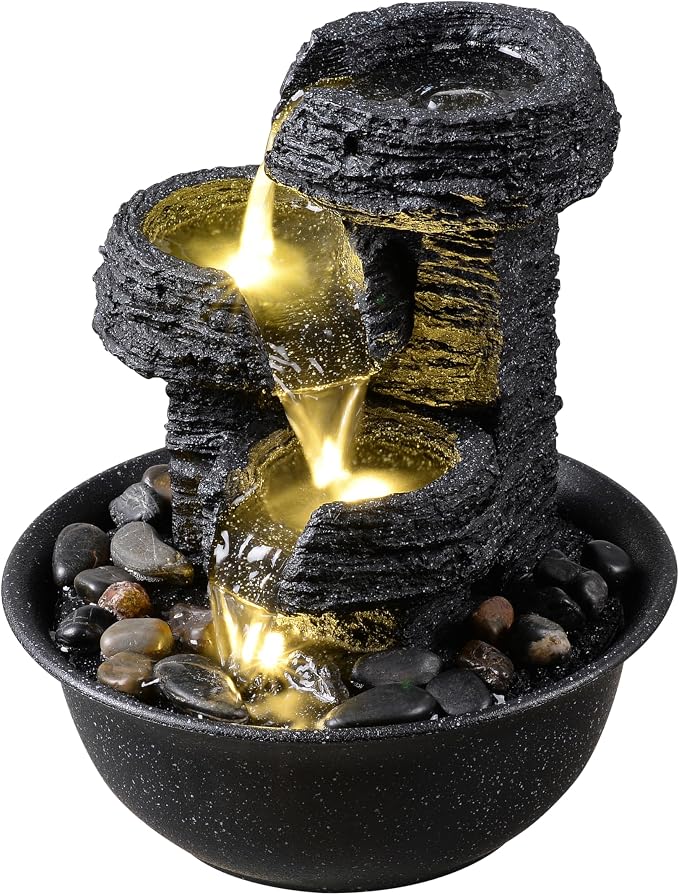 Rock Style Tabletop Fountain with LED Light – Indoor Waterfall Feature for Home or Office Décor, Relaxing Zen Desktop Water Fountain
