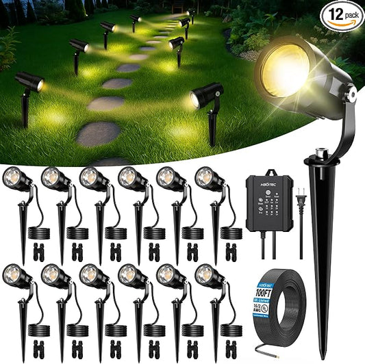HIBOITEC All-in-One 5W LED Landscape Lighting Kit, 2700K Low Voltage landscape light with Transformer, 100FT Wires and Connectors, Waterproof Spotlights Landscape Lights for House Yard Garden, 12 Pack