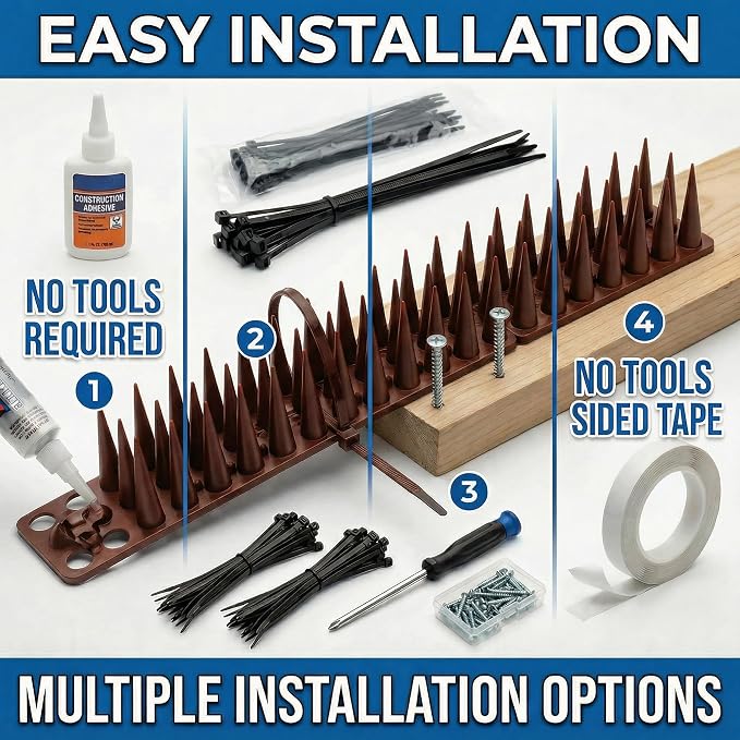 Bird & Animal Deterrent Spikes, 6 Packs Outdoor Plastic Spike Strips for Roof, Ledges, Fence, Walls & Railing, Humane Squirrel, Raccoon & Pigeon Barrier, 6 FT Coverage, Brown