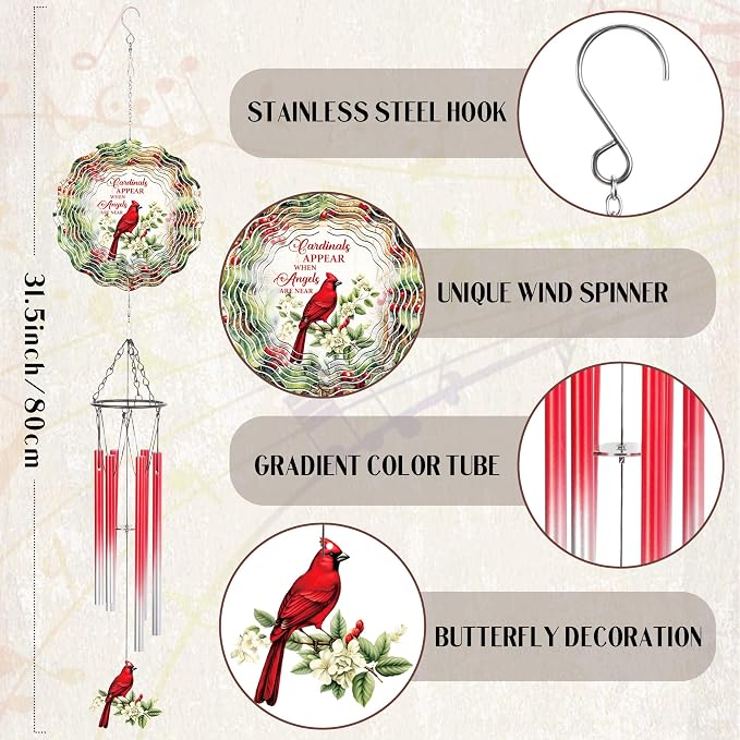 Cardinal Gifts Wind Chimes - Metal Windchimes with 3D Wind Spinner | Outdoors Garden Patio Lawn Yard Indoor Balcony Decor Home Art Hanging Birthday Gift for Women Men Mom Grandma Friends