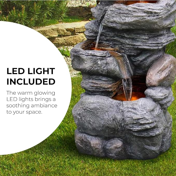Teamson Home 39.37 in. Outdoor Faux Stacked Stone 4-Tier Water Fountain with LED Lights and Pump, Gray | Faux Stone, Patio Waterfall Feature, LED Lights & Pump, For Yard, Deck, Landscaping