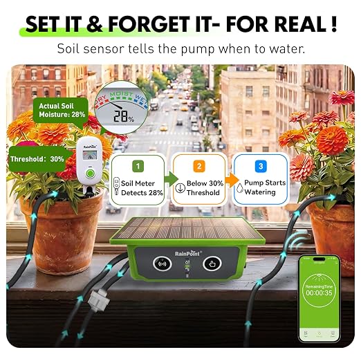 RAINPOINT Solar WiFi Drip Watering System & WiFi Moisture Sensor Combo Pack | App Control Smart Indoor/Outdoor Automatic Drip Irrigation Waterer & Visual Gauge WiFi Plant Soil Moisture Meter