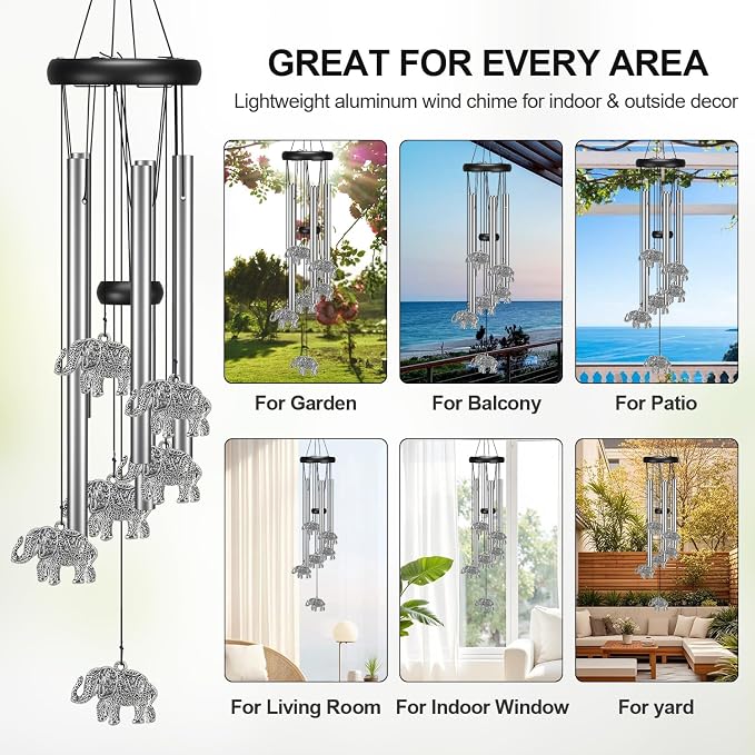 Virekm Windchimes Outdoors Clearance, Aluminum Metal Wind Chime for Outside Sympathy Hanging Wind Chimes for Patio Decoration, Garden Decor. Zen Garden Decor,Gifts for Women（Elephant）