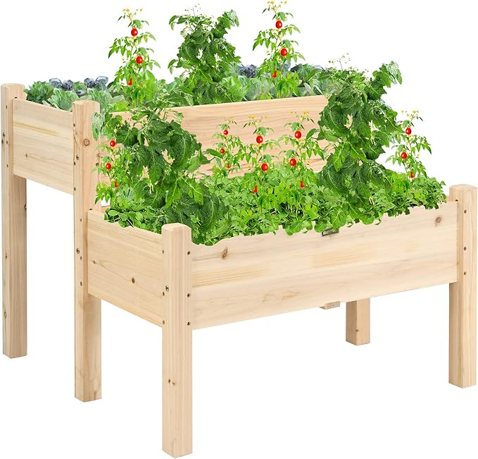 COSTWAY 2-Tier Raised Garden Bed, Sturdy Fir Wood Elevated Planter with Legs for Vegetables, Herbs & Flowers – Indoor & Outdoor Use, Natural Finish