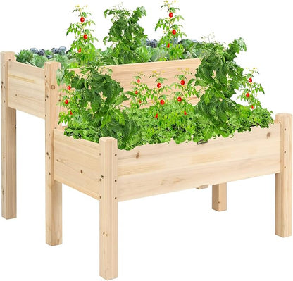 COSTWAY 2-Tier Raised Garden Bed, Sturdy Fir Wood Elevated Planter with Legs for Vegetables, Herbs & Flowers – Indoor & Outdoor Use, Natural Finish