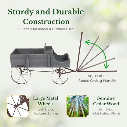 Shine Company Decorative Wagon Garden Planter, Wooden Wagon Yard Décor for Outdoor Plants, Large, Gray