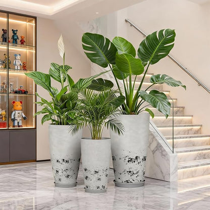 QCQHDU 24, 21, 18 inch Tall Planters for Outdoor Plants, with Drainage Hole & Saucer, Set of 3 Tall Outdoor Planter for Indoor & Outdoor Plants, Modern Home Decor