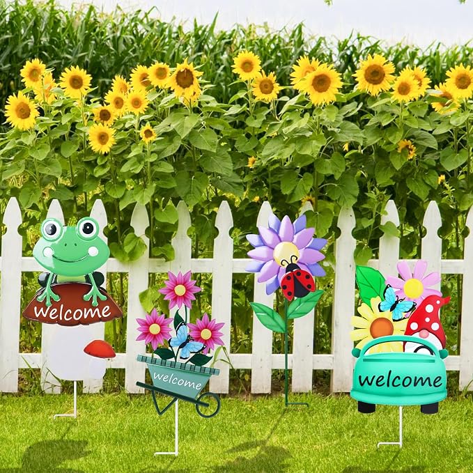 Welcome Decorative Garden Stakes, 4Pcs Flower Metal Yard Signs with Frog, Mushroom, Gnome, Butterfly and Ladybug, Garden Stakes for Spring Decor,Outdoor Lawn Yard Art Gift for Mom