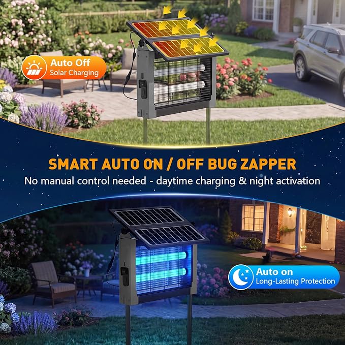 Solar Bug Zapper Outdoor, 4500V Solar Mosquito Zapper with Dual Solar Panels, 1/2 Acre Coverage Cordless Rechargeable Electric Fly Zapper, IPX5 Waterproof Mosquito Traps for Backyard, Patio, Camping