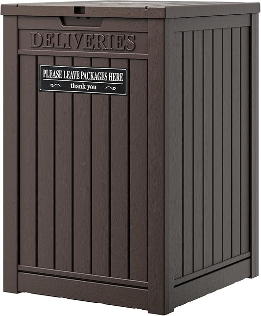 LHBGO Package Delivery Box for Outside with Sticker, 48 Gallon Storage with Lockable Secure, Large Double Wall Resin Outdoor Package Delivery Waterproof Deck