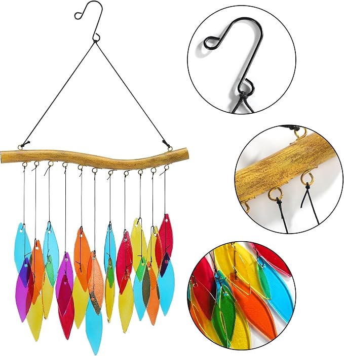 Solar Wind Chimes Outdoor with Glass and Copper (Glass Leaf 2) | Solar Powered, Garden Decor, Patio Decor, Glass and Copper, Outdoor Use
