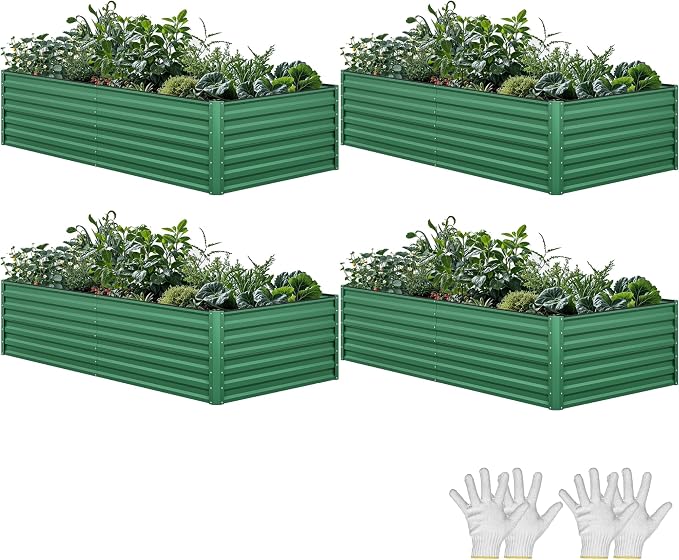 YITAHOME 4pcs 8x4x2ft Galvanized Raised Garden Bed, Metal Planter Box with Safety Rubber, Gloves, Outdoor Flower Bed for Planting Plants Vegetables, Green