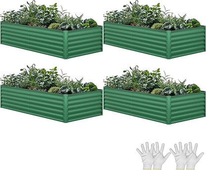 YITAHOME 4pcs 8x4x2ft Galvanized Raised Garden Bed, Metal Planter Box with Safety Rubber, Gloves, Outdoor Flower Bed for Planting Plants Vegetables, Green