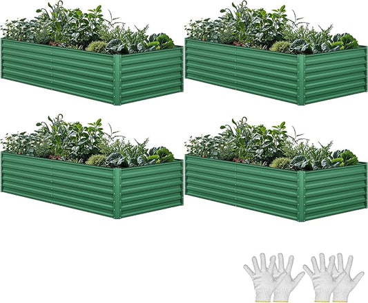 YITAHOME 4pcs 8x4x2ft Galvanized Raised Garden Bed, Metal Planter Box with Safety Rubber, Gloves, Outdoor Flower Bed for Planting Plants Vegetables, Green