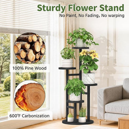 LASZOLA 4 Tiered Wood Plant Stand Indoor Corner, Flower Holder Rack Tall for Multiple Plants, Rustic Planter Shelf Display for Patio Garden Balcony Living Room, Black