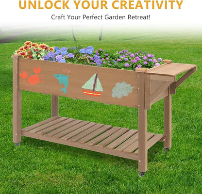 ketive Raised Garden Bed with Lockable Wheels Mobile Elevated Wood Planter,Storage Shelf, Protective Liner,55.5x24x32in (Brown)