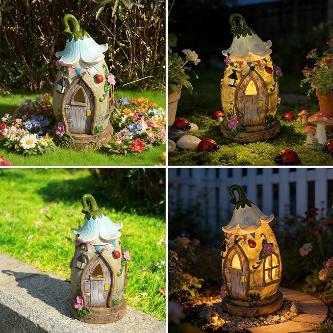 Resin Fairy Garden Statue with Solar Light Perfect for Garden Decor, Featuring a Charming Morning Glory Vine adorning its Crown.Ideal for birthday gifts and building fairy-tale cottages,12.2 inches.