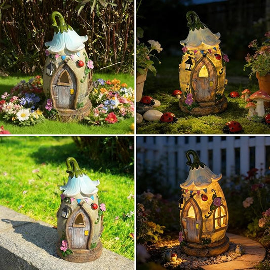 Resin Fairy Garden Statue with Solar Light Perfect for Garden Decor, Featuring a Charming Morning Glory Vine adorning its Crown.Ideal for birthday gifts and building fairy-tale cottages,12.2 inches.