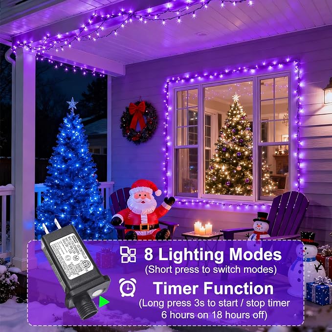 2 Pack Halloween Lights Outdoor, Total 200FT 600 LED Purple String Lights for Outside with 8 Modes Waterproof, Plug in Halloween Decorations Indoor for House Room Patio Garden Party Holiday