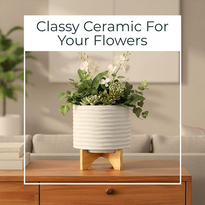 Ceramic Planter with Bamboo Stand – Modern Home Decor Indoor Plant Pot with Textured Stoneware Design – Decorative Planter with Legs for Living Room, Bedroom, Office, Patio, or Garden - 8", White